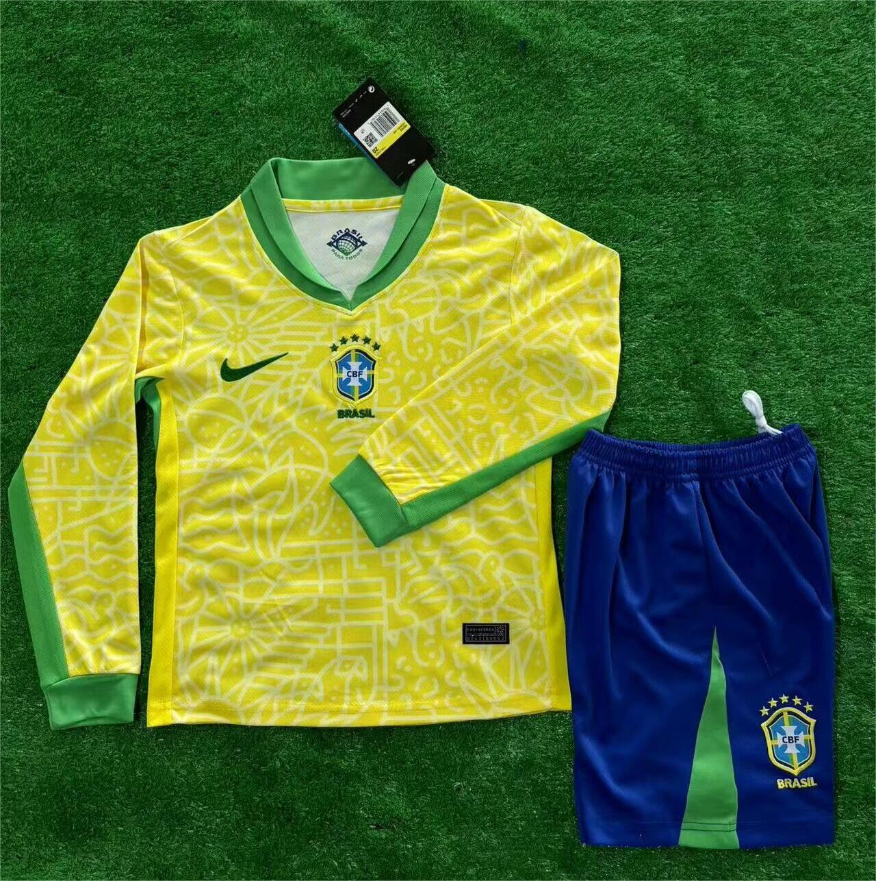Kids-Brazil 2024 Home Long Soccer Jersey